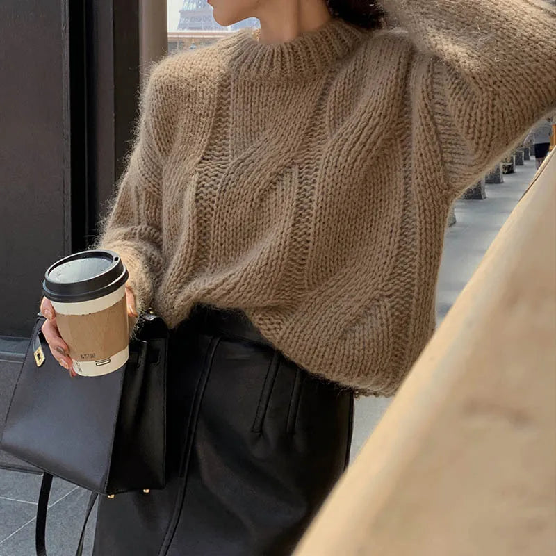 Coarse Yarn Twist Knit Sweater - O Neck Vintage Loose Jumper