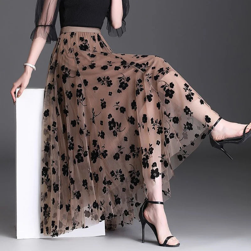 Korean Floral Tulle Midi Skirt - Elegant Mesh Casual Summer Skirt