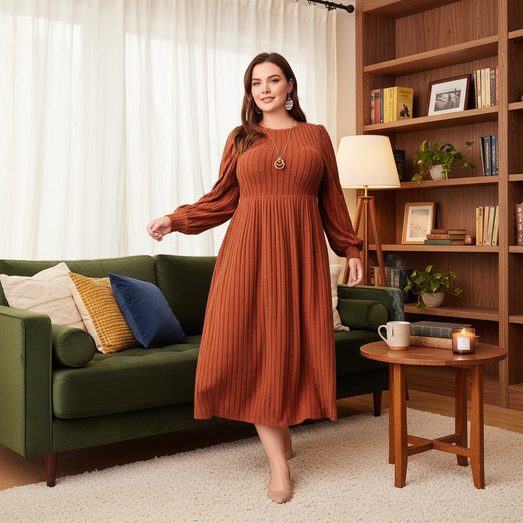 Plus Size Solid Long Sleeve Maxi Dress - Round Neck Autumn Outfit