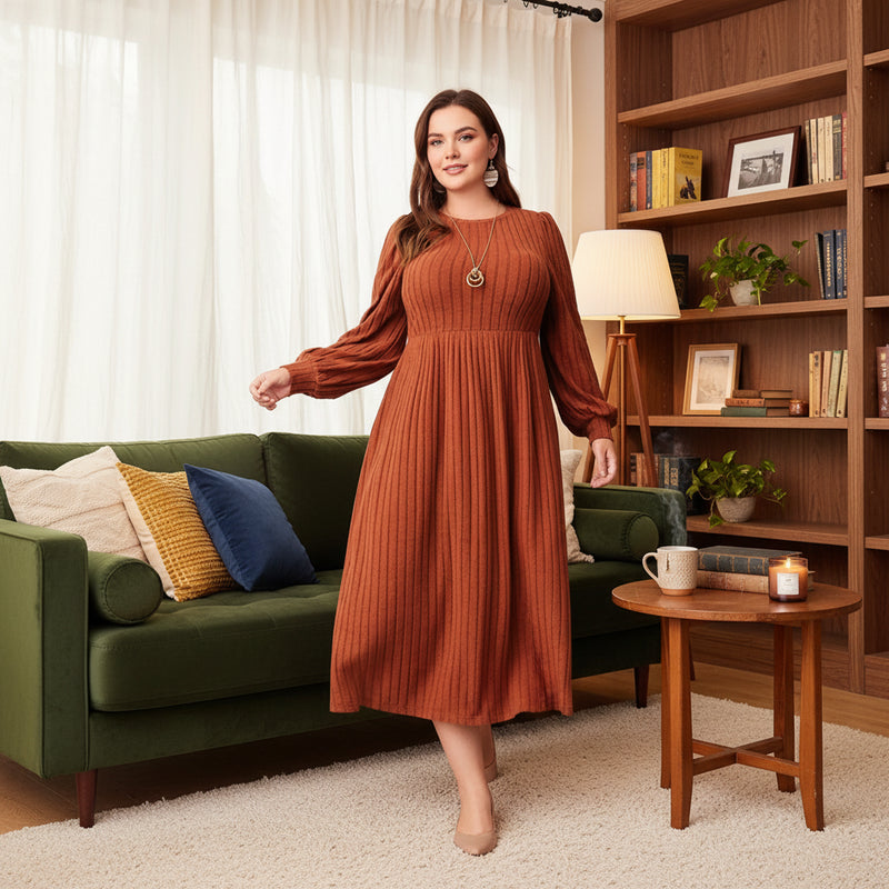 Plus Size Solid Long Sleeve Maxi Dress - Round Neck Autumn Outfit
