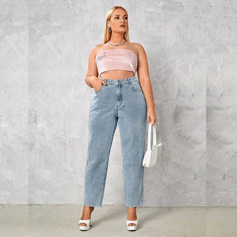 Plus Size Dark Blue Stretch Jeans - Loose Straight Autumn Denim Pants