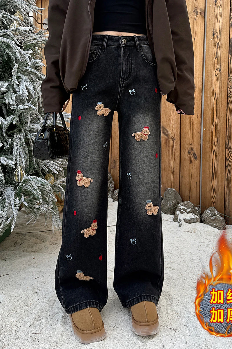 Embroidered Dog Straight Leg Jeans - Korean Loose Denim Pants