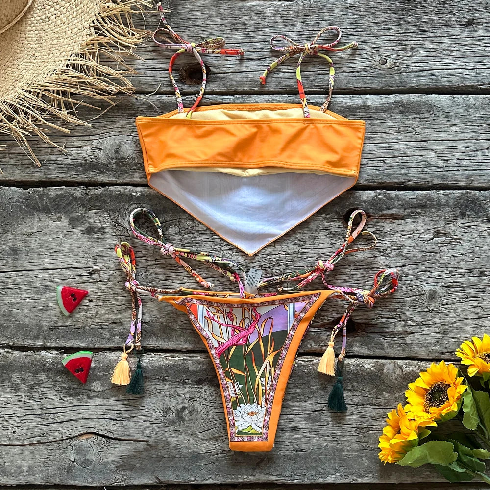 Print Halter Brazilian Bikini Set - Wire Free Backless Swimwear