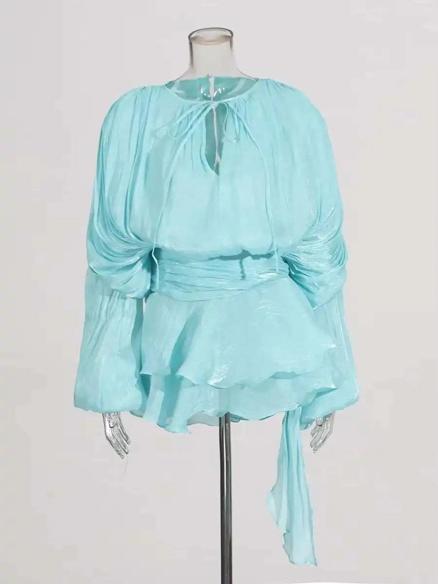 Lace Up Blouse Mini Dress - V Neck Long Sleeve Sweet Style Outfit
