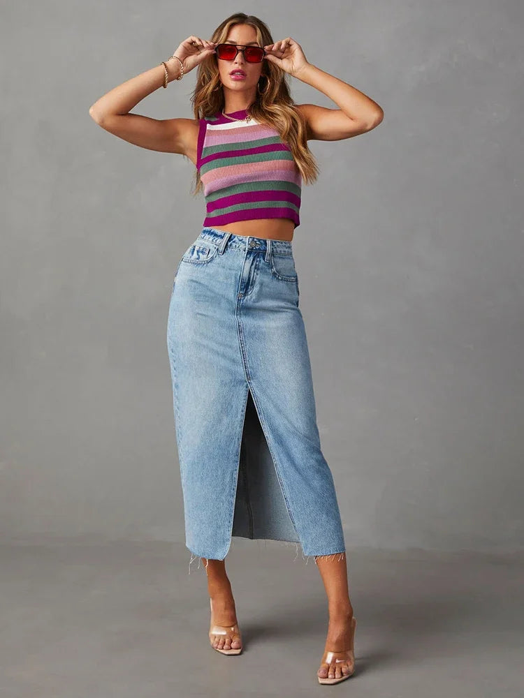 Washed Denim A-Line Midi Skirt - High Waist Split Vintage Long Skirt