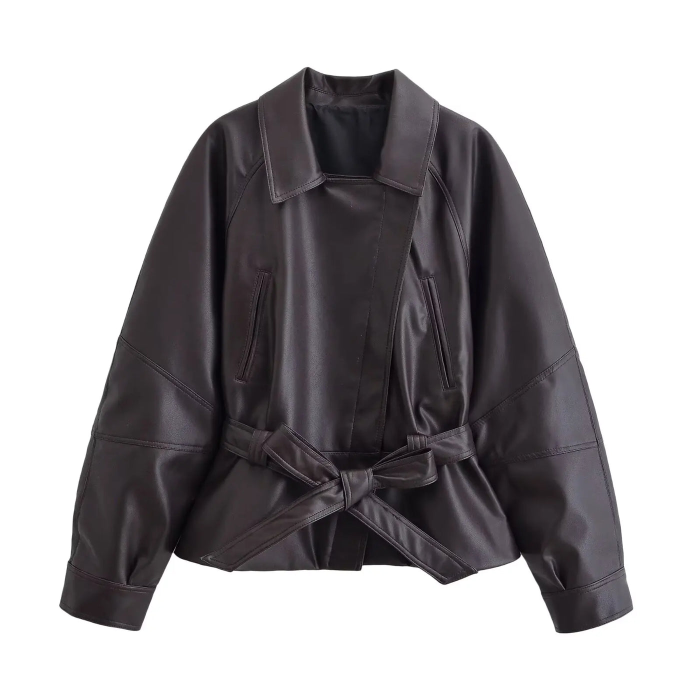 Faux Leather Belted Trench Jacket - Short Motorcycle Style Coat