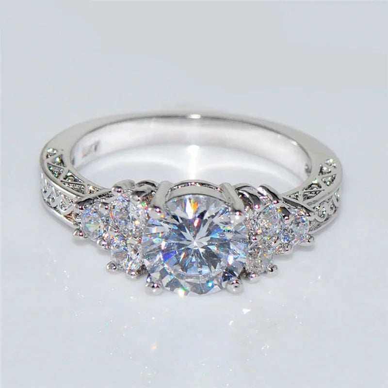 White Zircon Engagement Ring - Silver Color Anniversary Bridal Jewelry