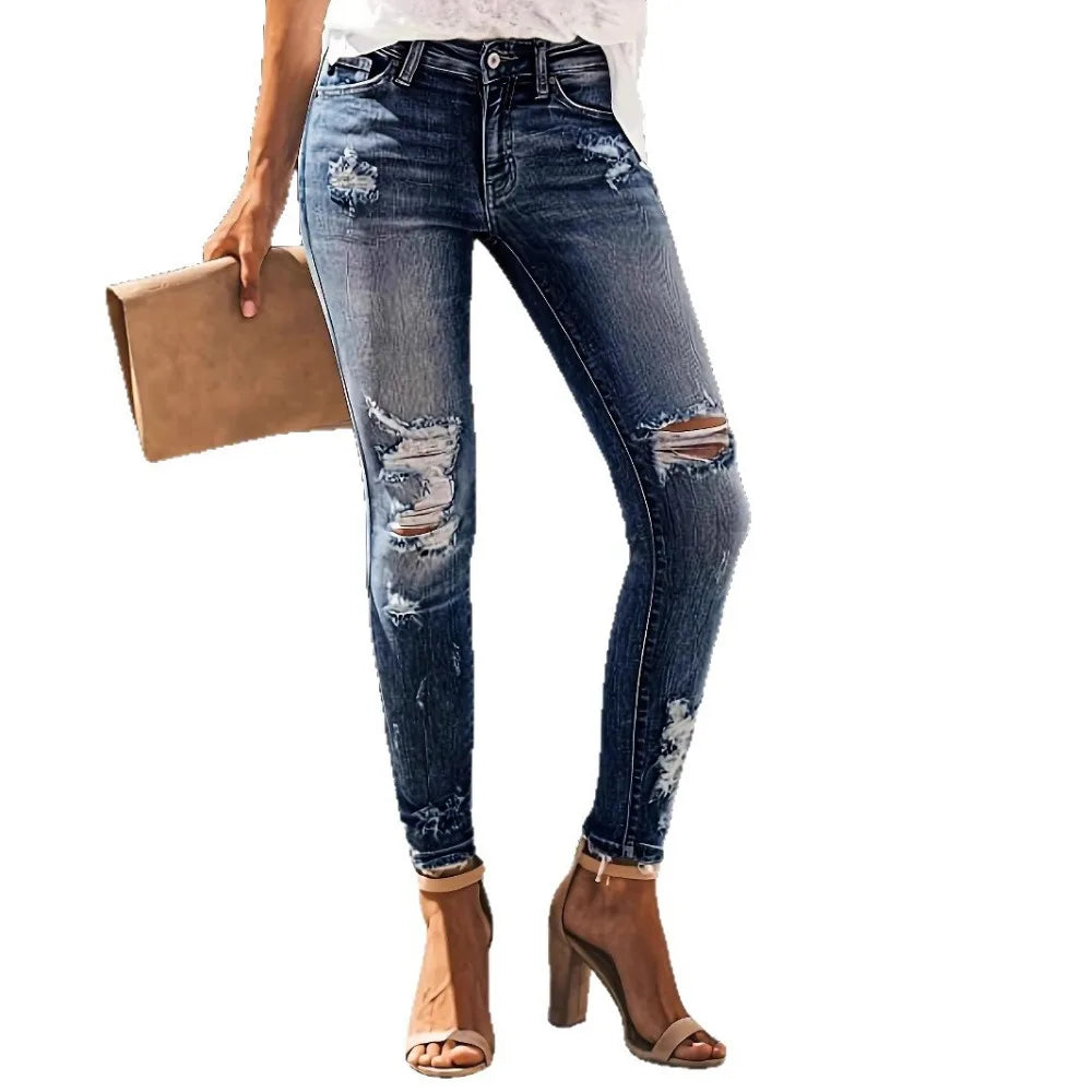 Washed Distressed Straight Jeans - Stretch Ripped Streetwear Denim