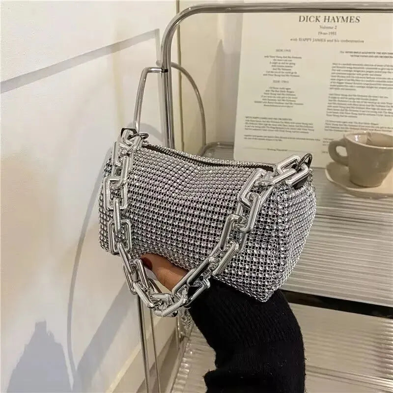 Glitter Rhinestone Bucket Bag - Mini Chain Prom Crossbody Purse
