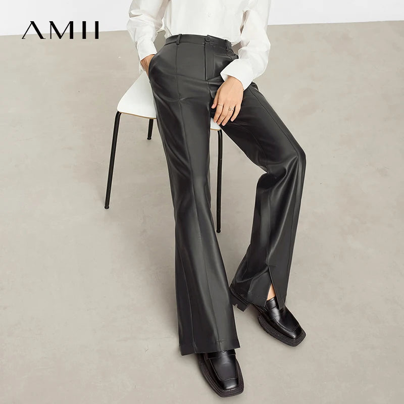 PU Leather Straight Slit Pants - Minimalist Floor Length Trousers