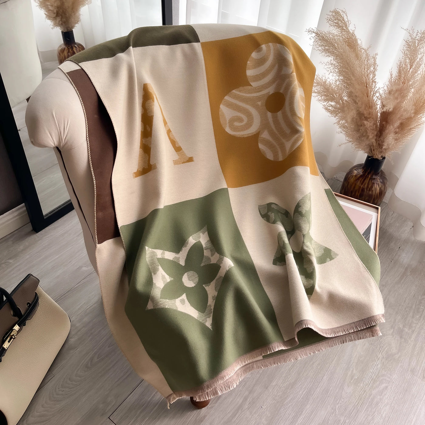 Floral Print Cashmere-Feel Scarf - Soft Autumn Winter Shawl