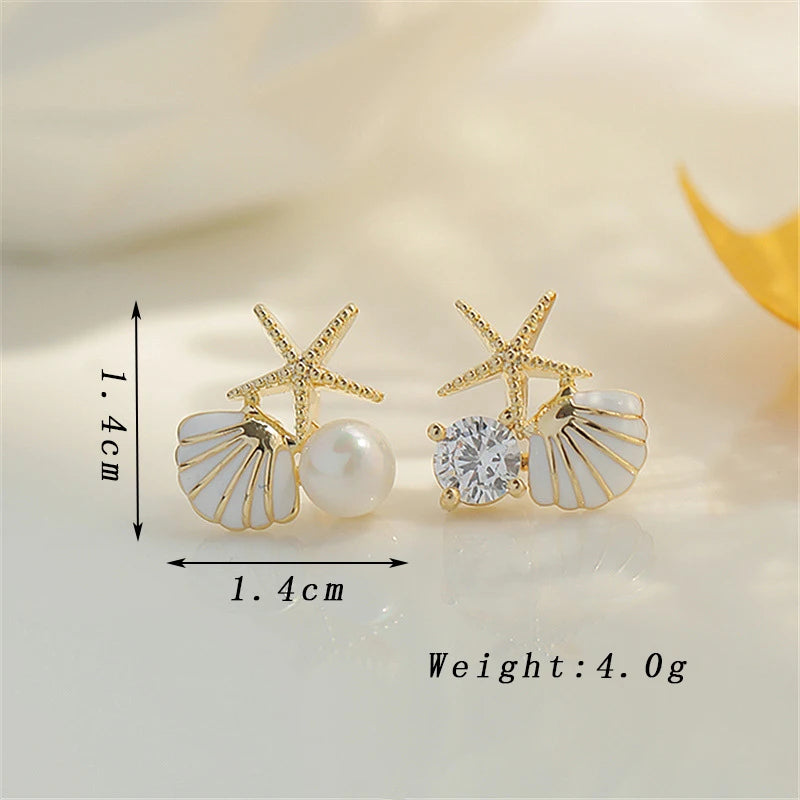 Shell Starfish Stud Earrings - Asymmetric Pearl Rhinestone Jewelry