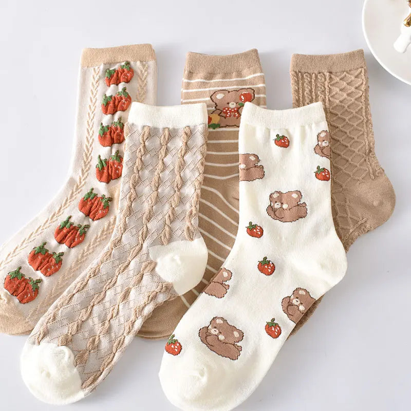 Floral Embossed Knit Socks - Retro Harajuku 5 Pair Style