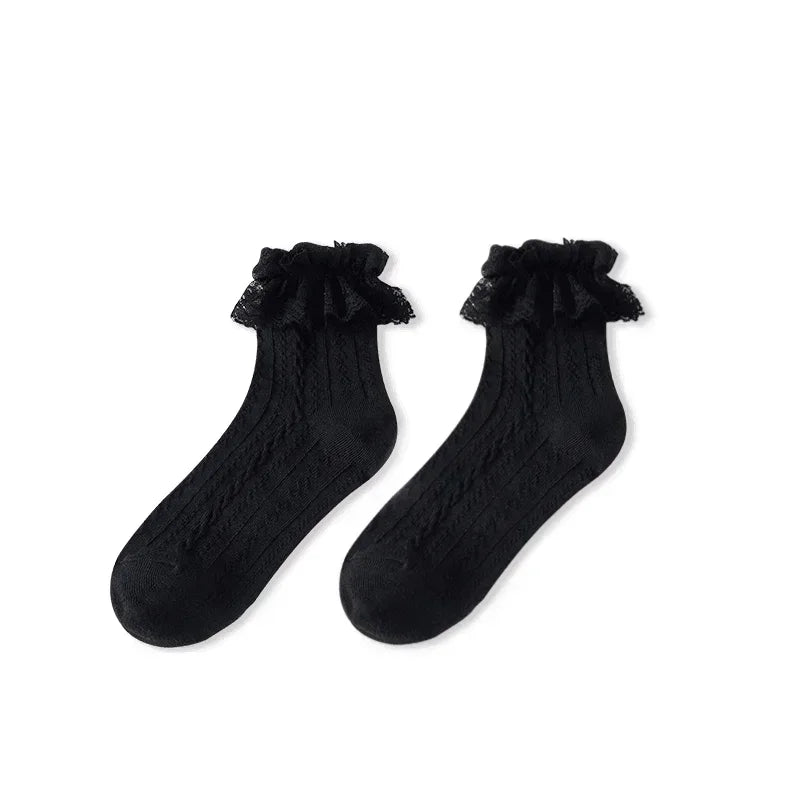 Lace Bow Ruffle Socks - Japanese Lolita Mid Tube Stockings