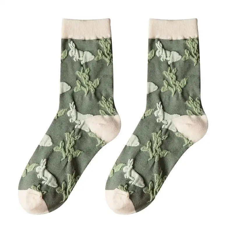 Floral Embossed Knit Socks - Retro Harajuku 5 Pair Style
