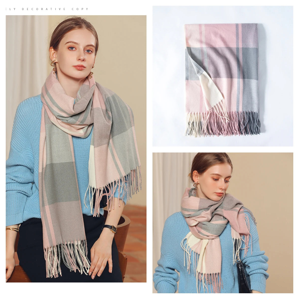 Classic Plaid Blanket Scarf - Cashmere-Feel Large Warm Shawl