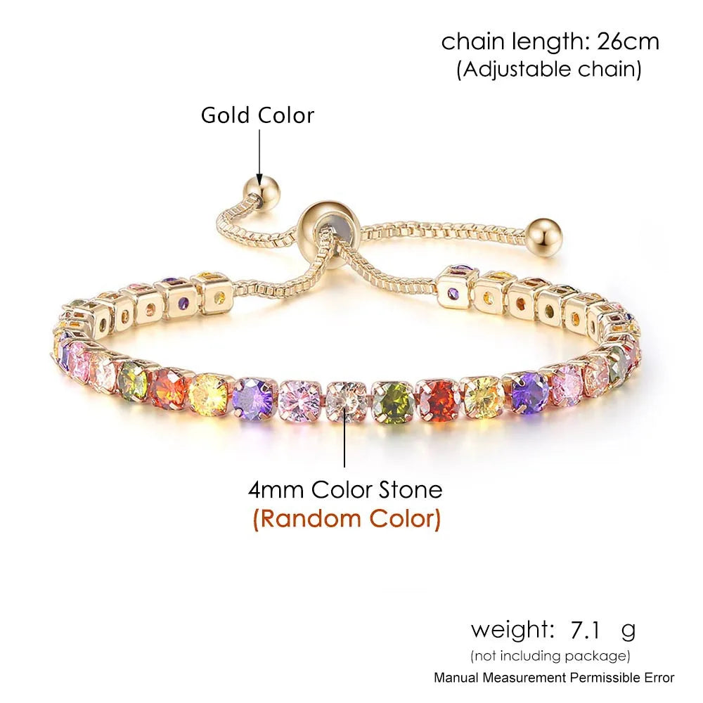 Adjustable Rainbow Zircon Tennis Bracelet - Colorful Wedding Hand Chain
