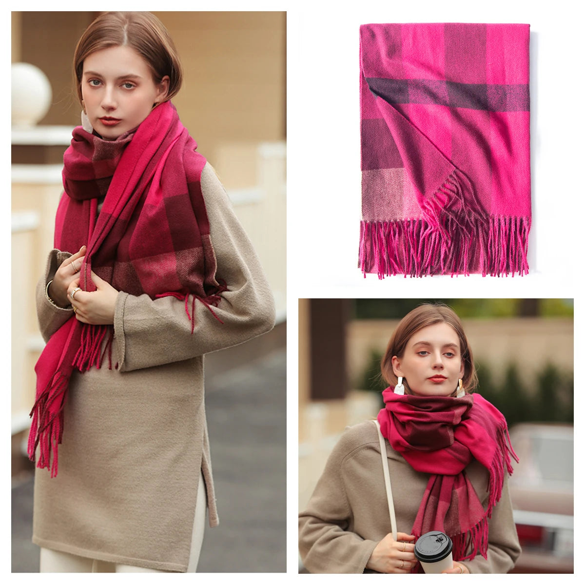 Classic Plaid Blanket Scarf - Cashmere-Feel Large Warm Shawl