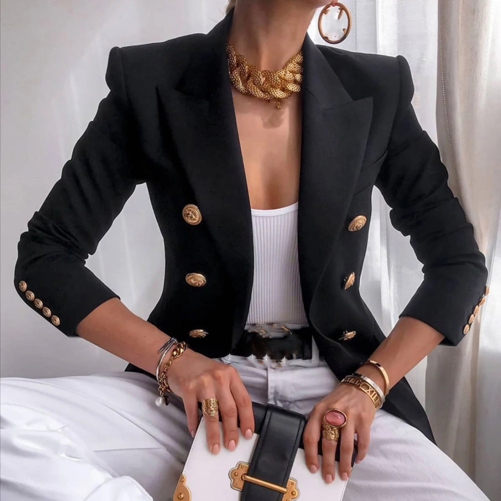 Turn Down Collar Office Blazer - Solid Long Sleeve Suit Coat