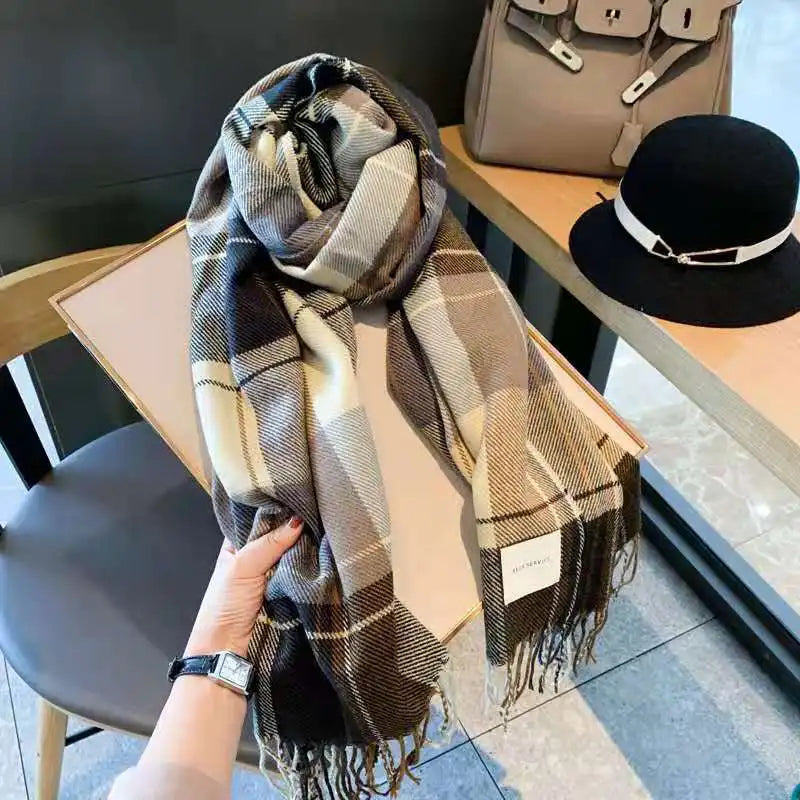 Plaid Cashmere-Feel Winter Scarf - Long Tassel Shawl Wrap