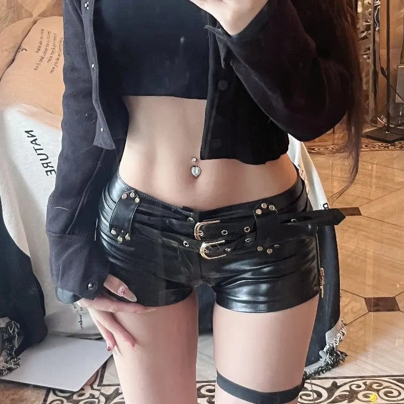 Low Waist PU Leather Shorts - Retro Y2K Nightclub Bodycon Shorts