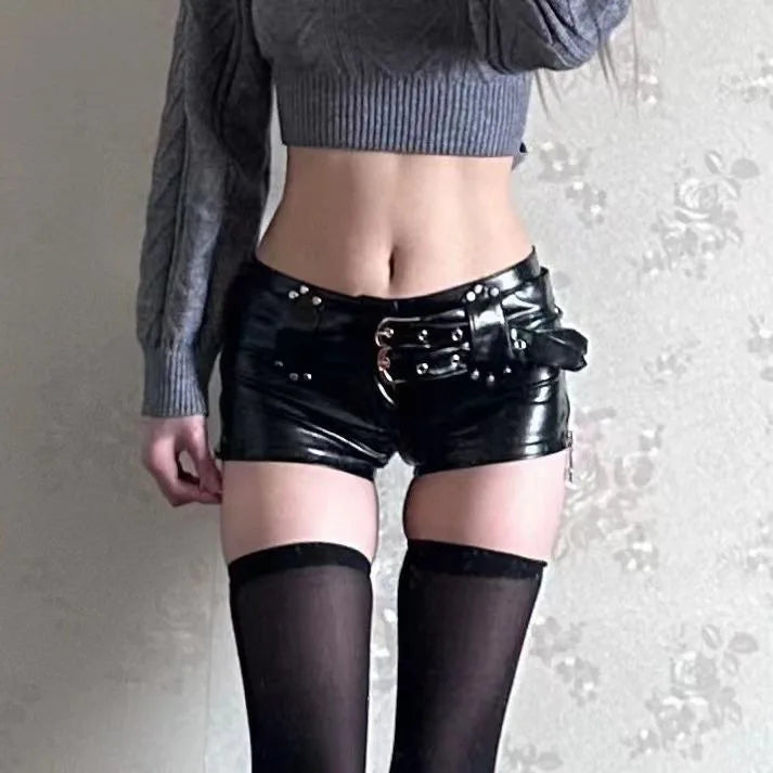 Low Waist PU Leather Shorts - Retro Y2K Nightclub Bodycon Shorts