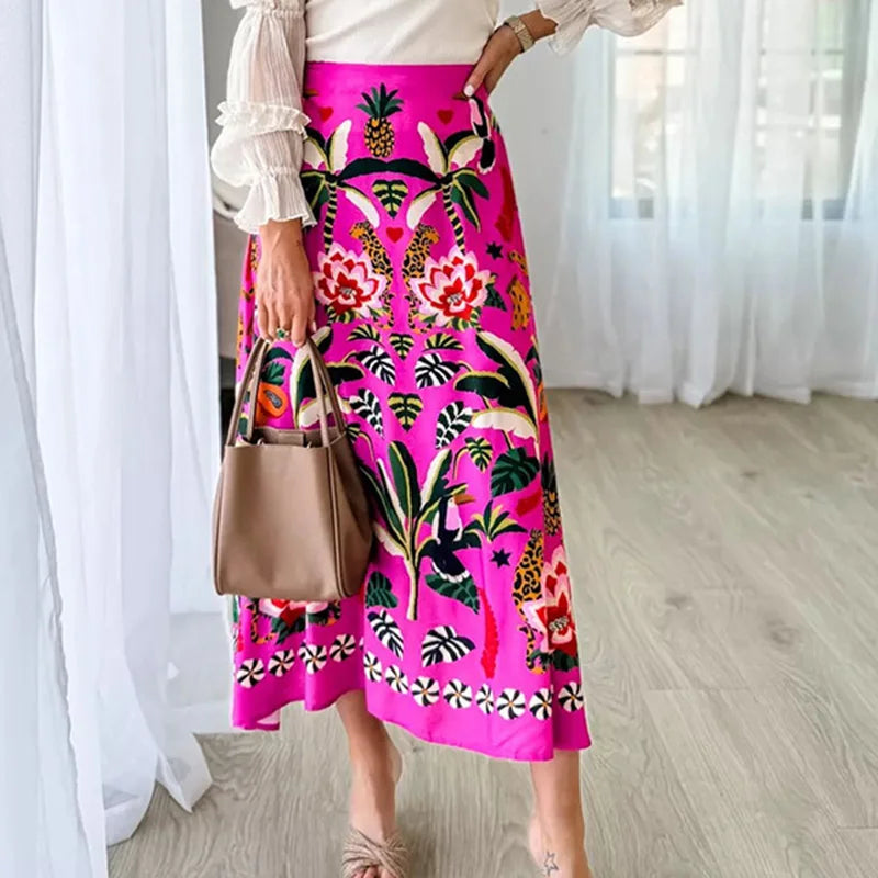 Floral Printed A-Line Skirt - Summer Autumn Zipper Midi Skirt