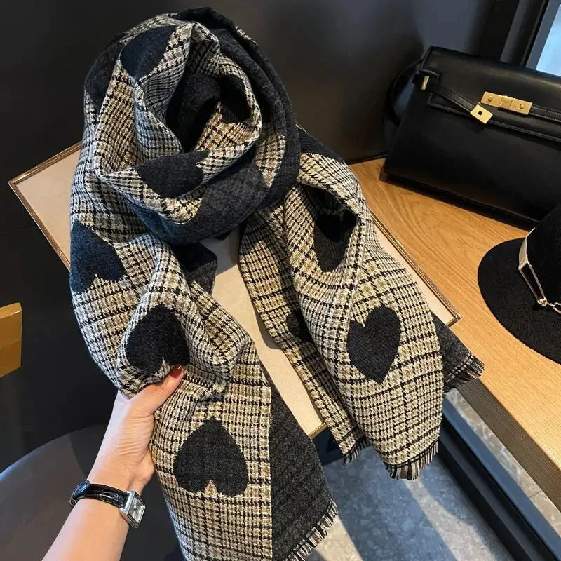 Double Side Heart Plaid Scarf - Thick Warm Winter Shawl