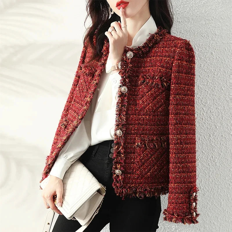 Red Tweed Short Jacket - Thick Slim French Style Outwear