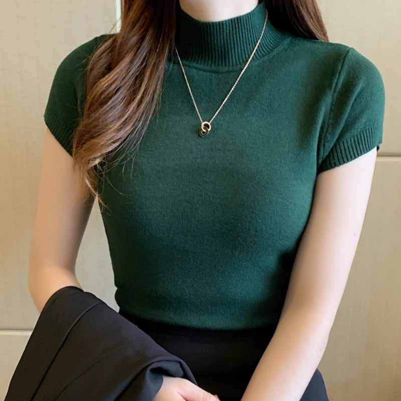 Half High Neck Stretch Top - Korean Solid Short Sleeve Shirt