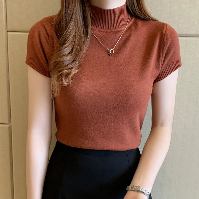 Half High Neck Stretch Top - Korean Solid Short Sleeve Shirt