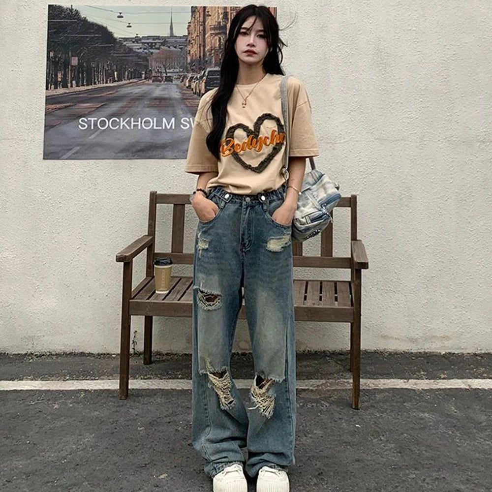 American Retro Distressed Wide Leg Jeans - High Waist Streetwear Denim