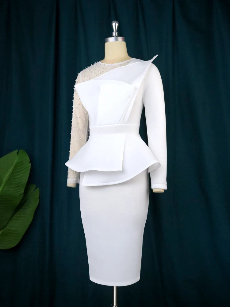 White Beaded Peplum Bodycon Dress - Long Sleeve Cocktail Outfit