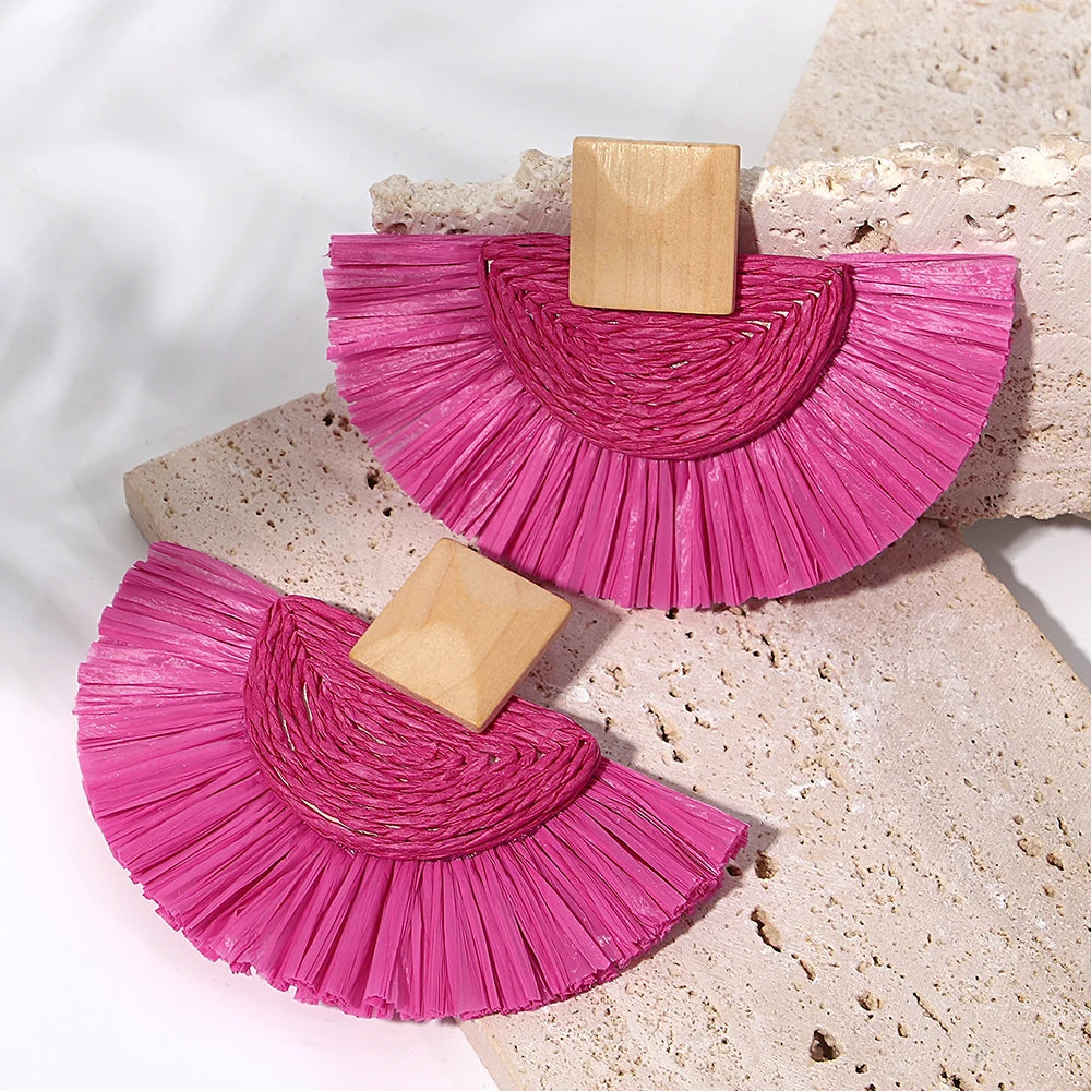 Handmade Raffia Fan Drop Earrings - Wooden Rattan Summer Jewelry