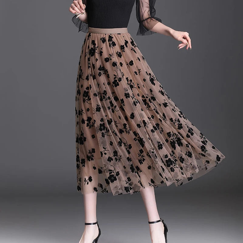 Korean Floral Tulle Midi Skirt - Elegant Mesh Casual Summer Skirt