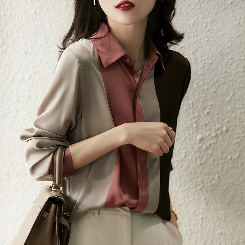 Satin Button Blouse - Long Sleeve Polo Collar Office Shirt