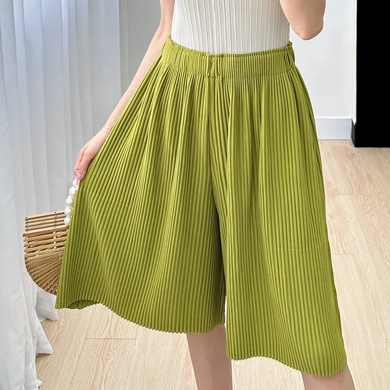 Pleated Five Point Shorts - Loose High Waist Drape Summer Mid Pants