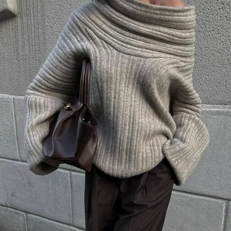 Off Shoulder Loose Sweater - Brown Retro Slash Neck Knit Top