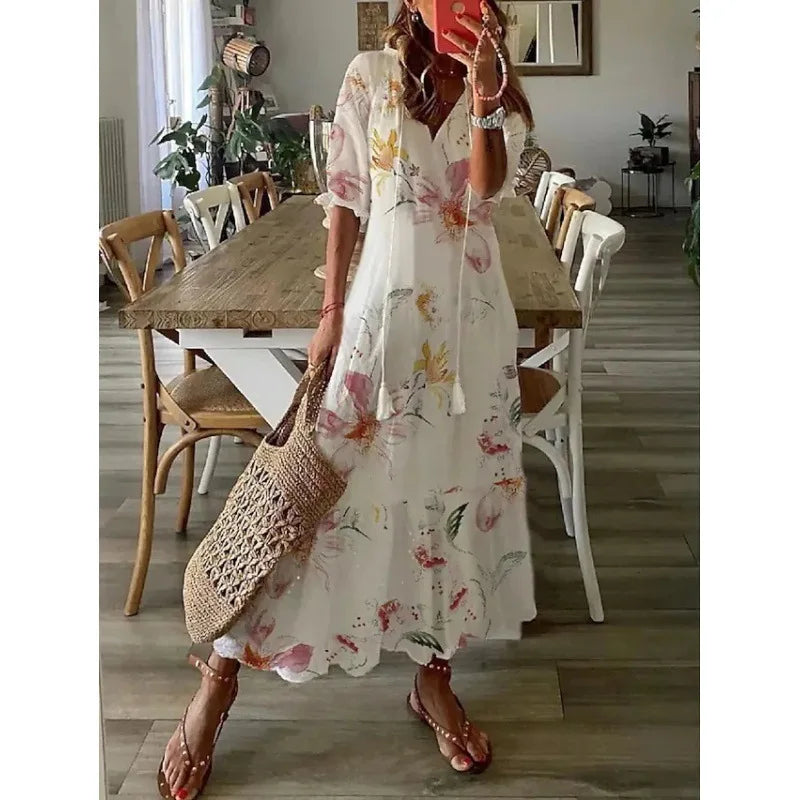Bohemian Floral V Neck Maxi Dress - Drawstring Beach Vacation Outfit