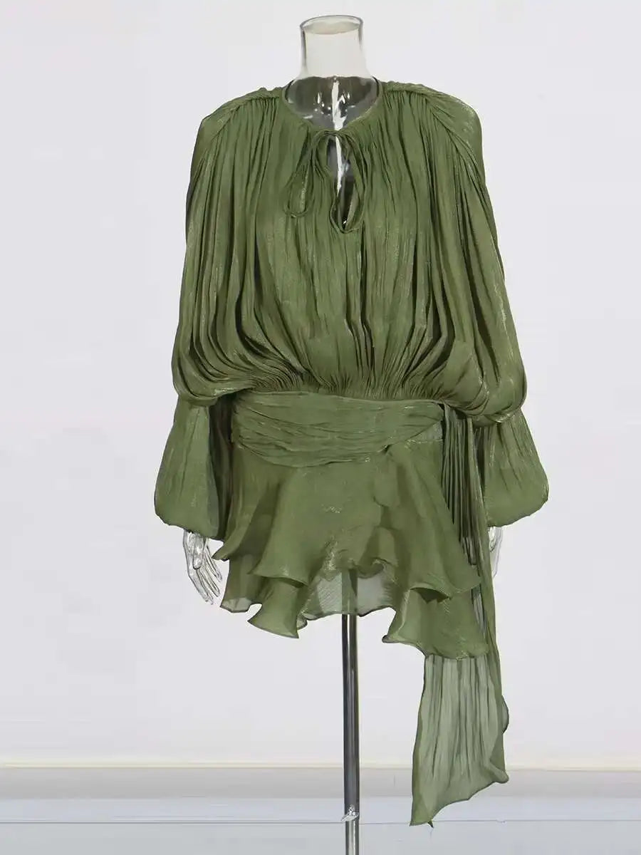 Lace Up Blouse Mini Dress - V Neck Long Sleeve Sweet Style Outfit