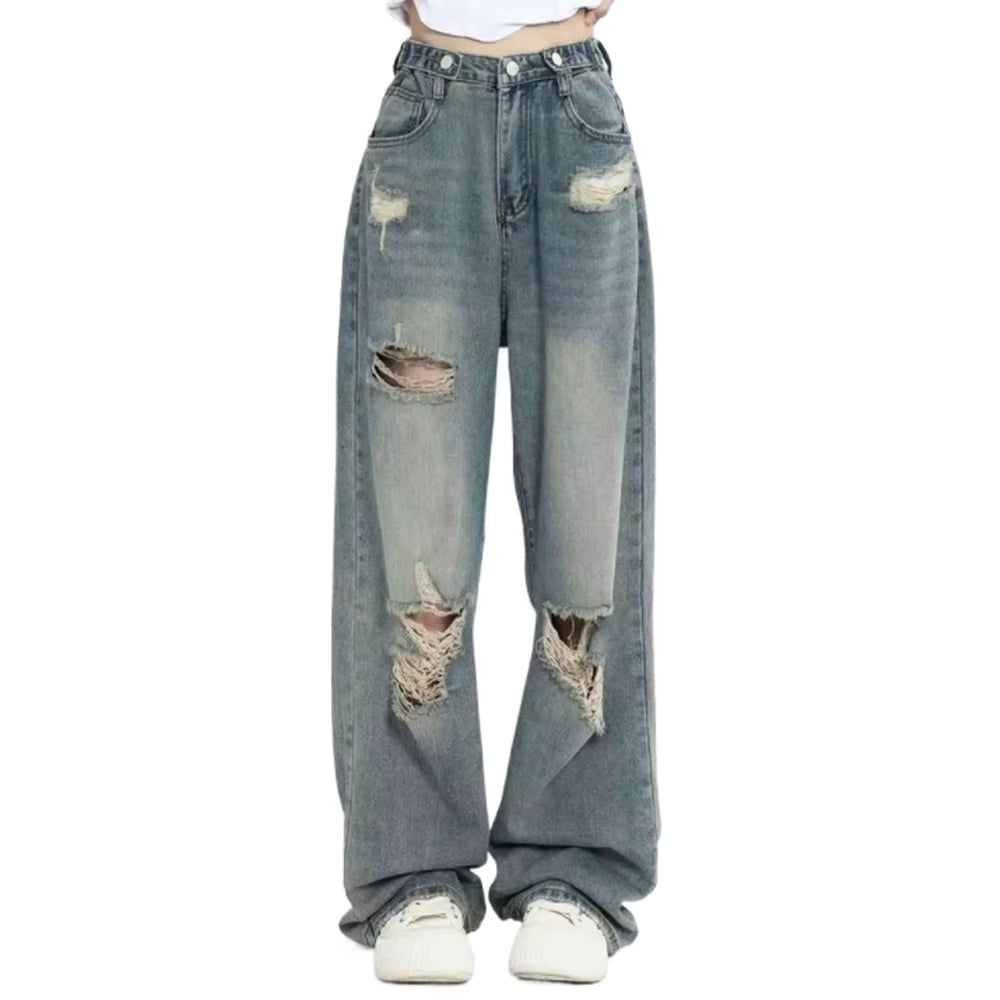 American Retro Distressed Wide Leg Jeans - High Waist Streetwear Denim
