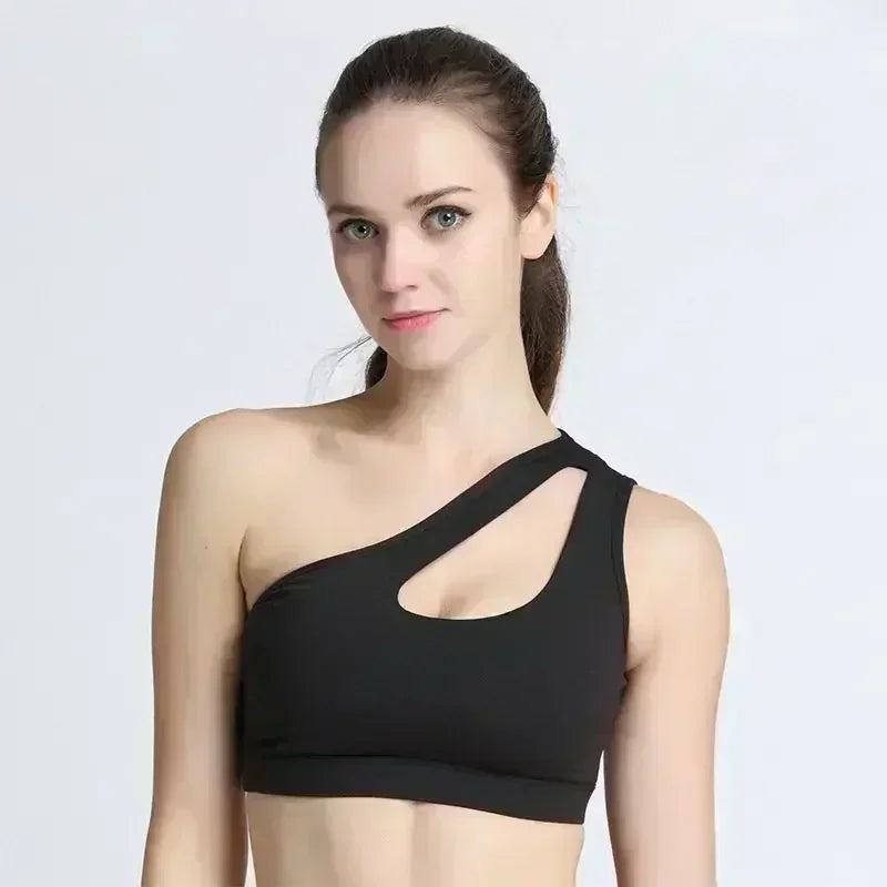 One Shoulder Yoga Sports Bra - Wire Free Push Up Crop Top