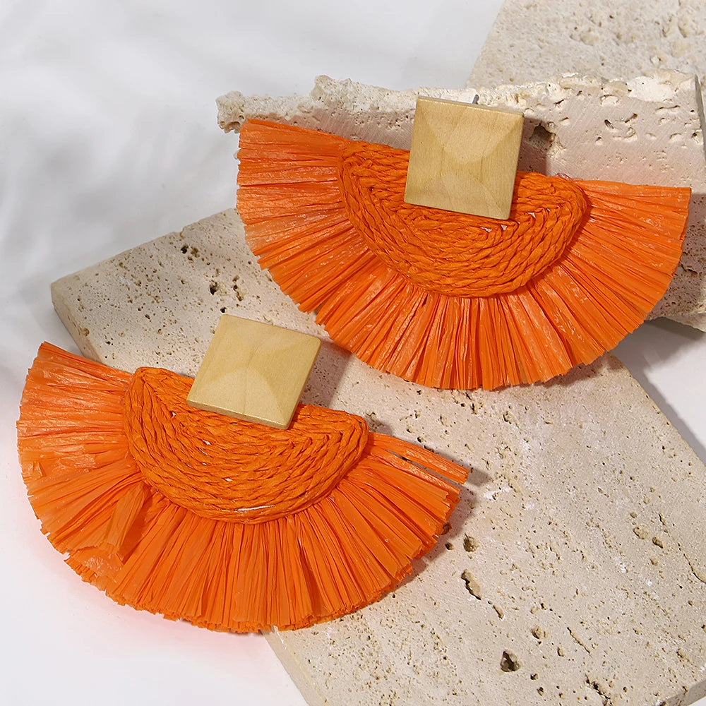 Handmade Raffia Fan Drop Earrings - Wooden Rattan Summer Jewelry