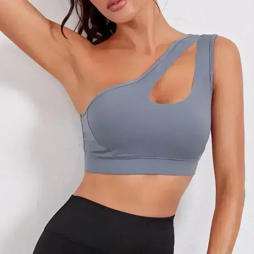 One Shoulder Yoga Sports Bra - Wire Free Push Up Crop Top