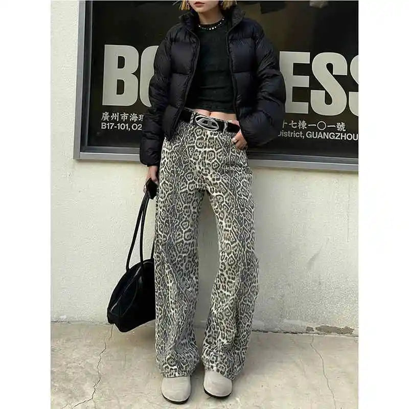 Leopard Print Wide Leg Jeans - Oversized High Waist Denim Pants