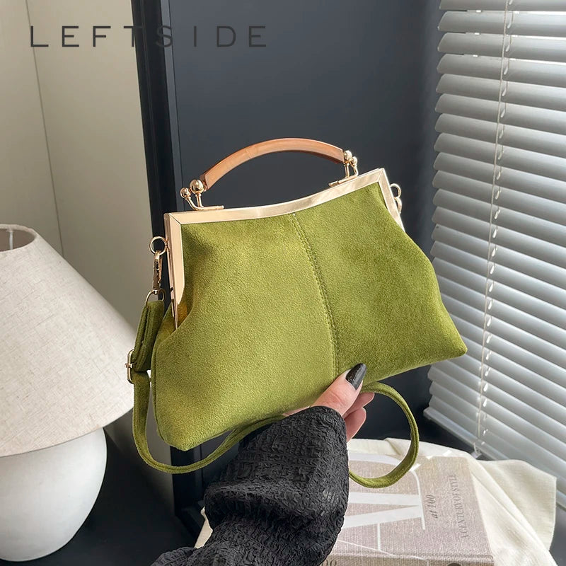 Suede Wooden Handle Top Bag - Vintage Gold Tone Frame Purse