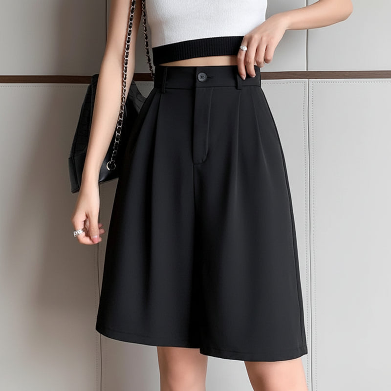 Wide Leg Suit Shorts - High Waist Knee Length Office Summer Shorts