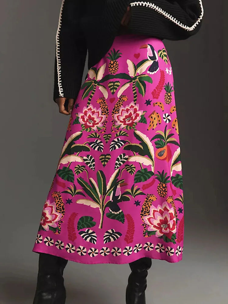 Floral Printed A-Line Skirt - Summer Autumn Zipper Midi Skirt