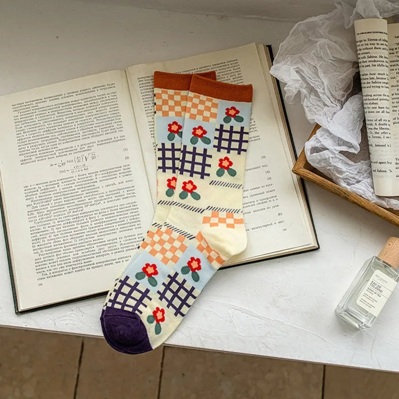 Diamond Fruit Flower Long Socks - Cute Colorful Pattern Crew Pair