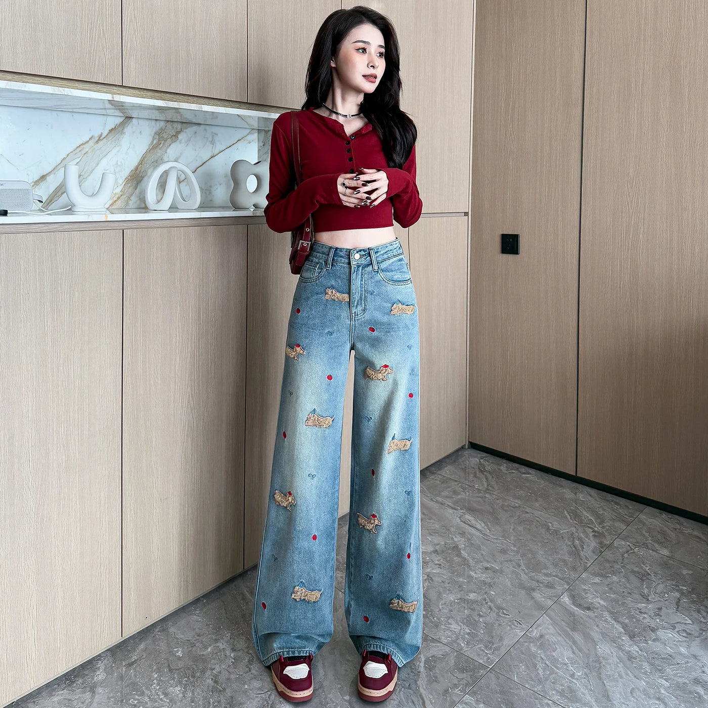 Embroidered Dog Straight Leg Jeans - Korean Loose Denim Pants